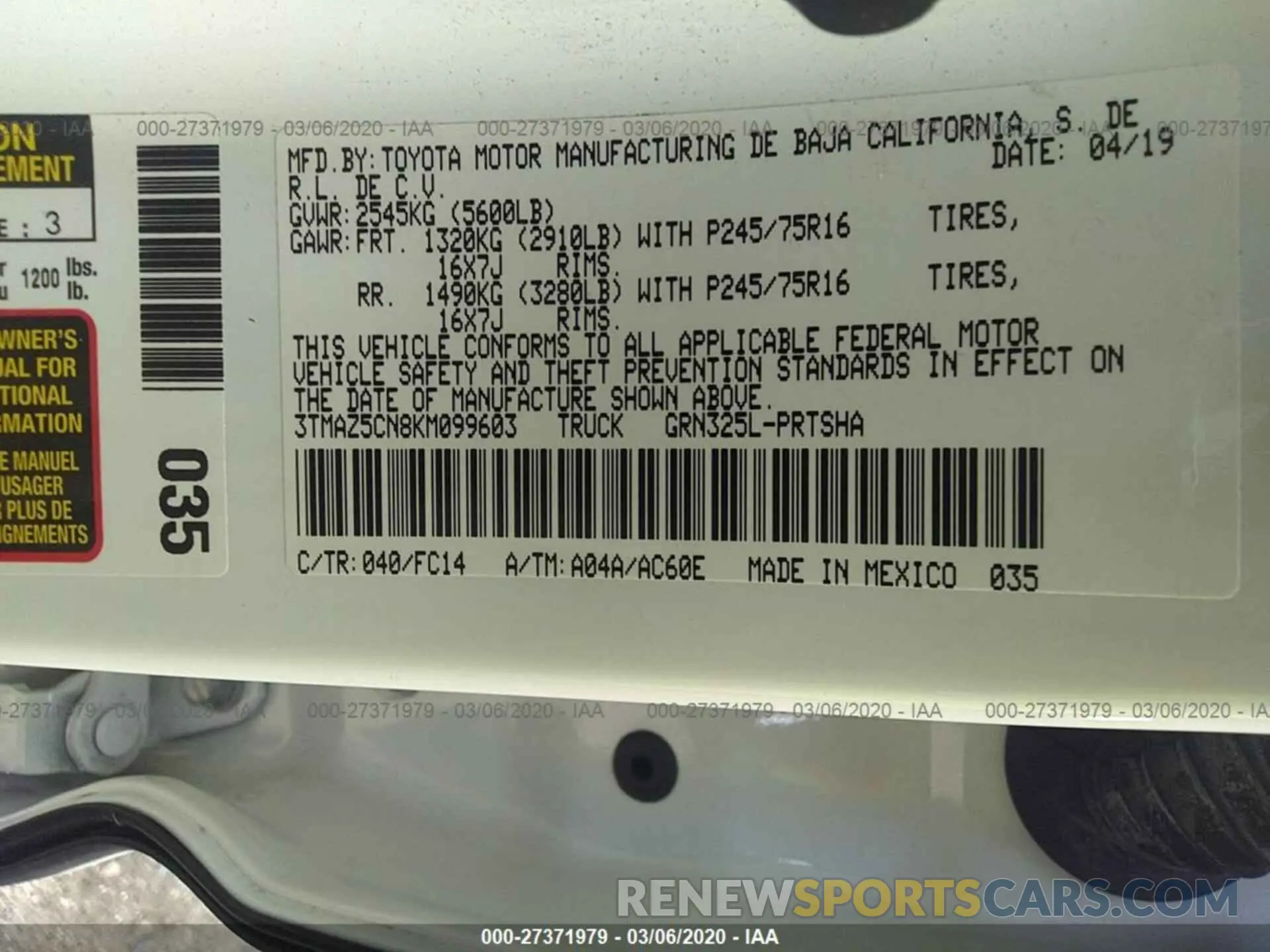 9 Photograph of a damaged car 3TMAZ5CN8KM099603 TOYOTA TACOMA 2019