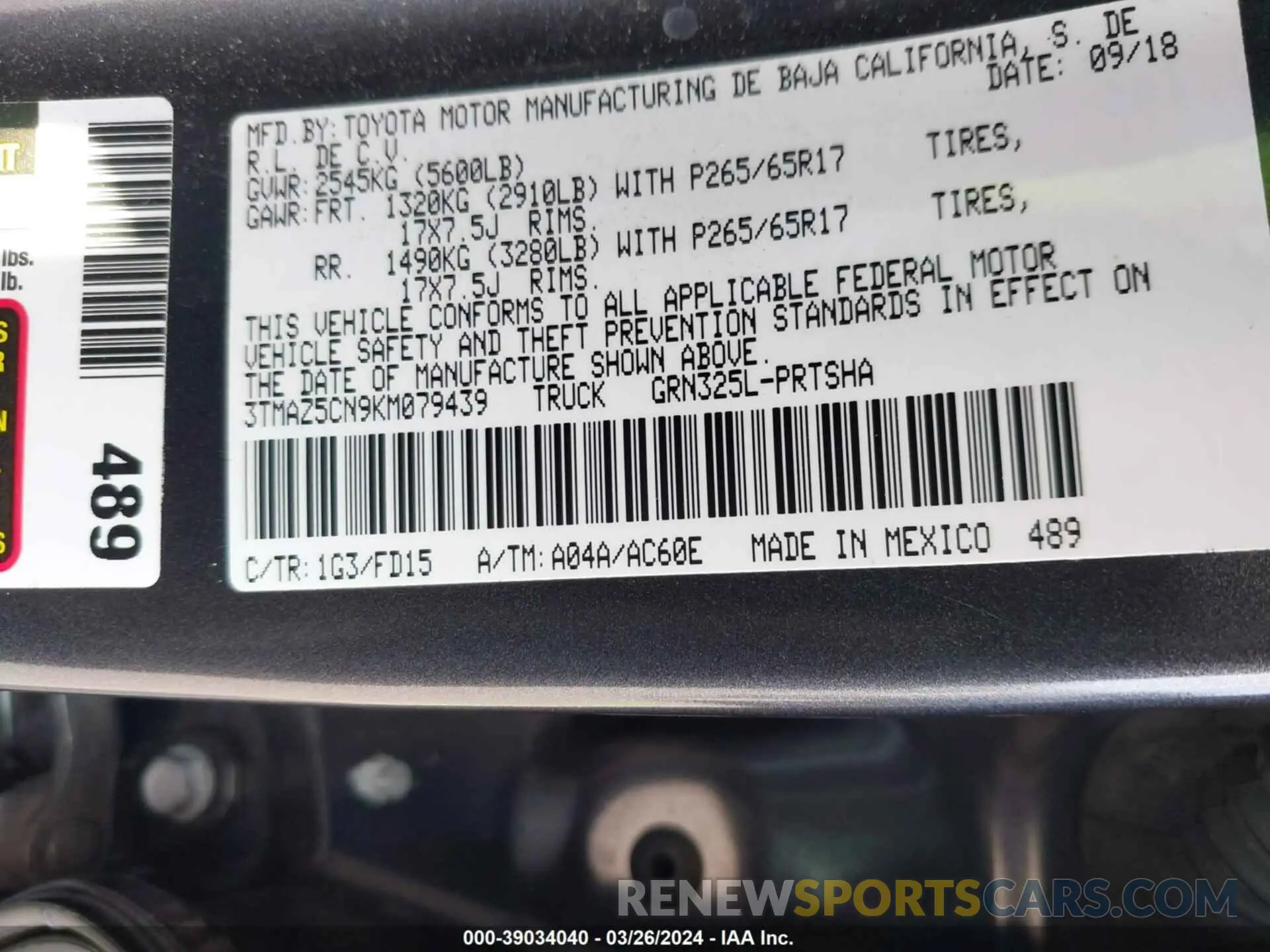 9 Photograph of a damaged car 3TMAZ5CN9KM079439 TOYOTA TACOMA 2019