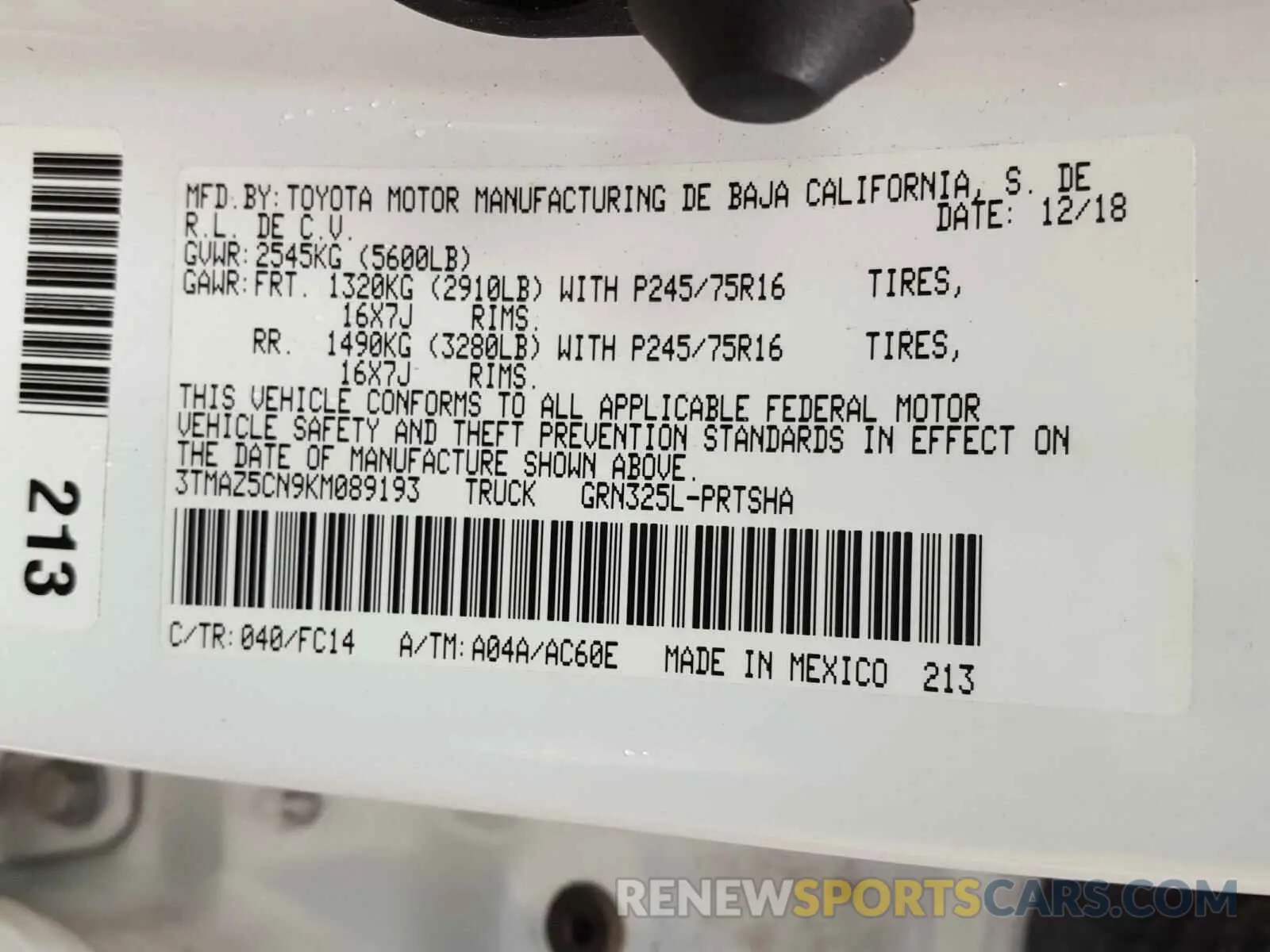 10 Photograph of a damaged car 3TMAZ5CN9KM089193 TOYOTA TACOMA 2019