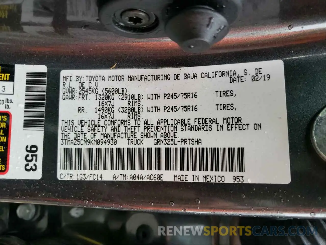 10 Photograph of a damaged car 3TMAZ5CN9KM094930 TOYOTA TACOMA 2019