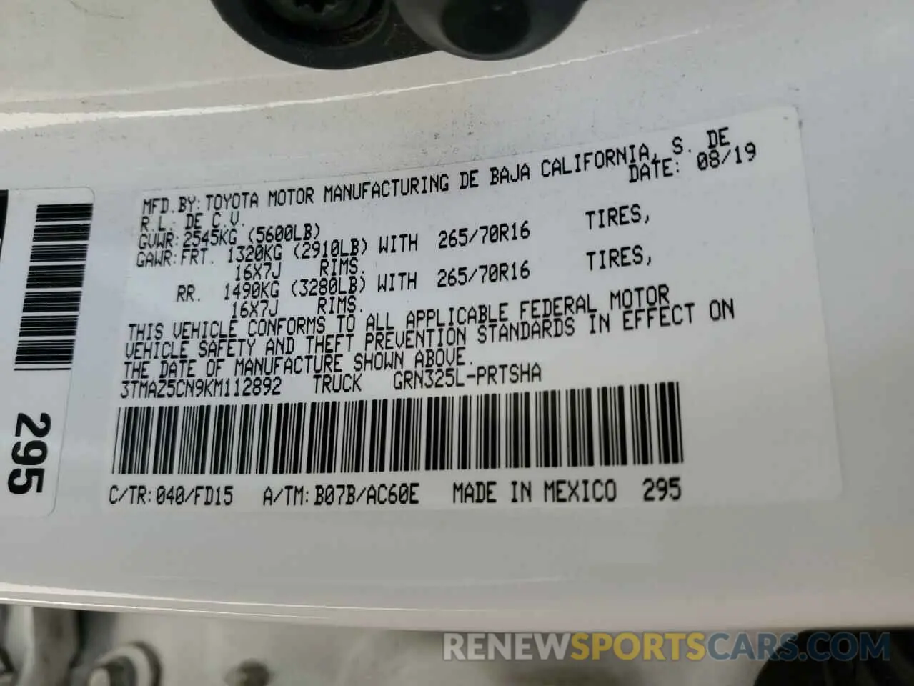 12 Photograph of a damaged car 3TMAZ5CN9KM112892 TOYOTA TACOMA 2019