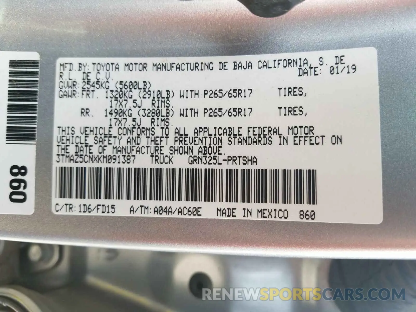 10 Photograph of a damaged car 3TMAZ5CNXKM091387 TOYOTA TACOMA 2019