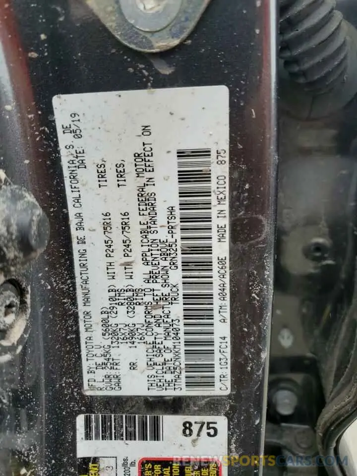12 Photograph of a damaged car 3TMAZ5CNXKM104073 TOYOTA TACOMA 2019