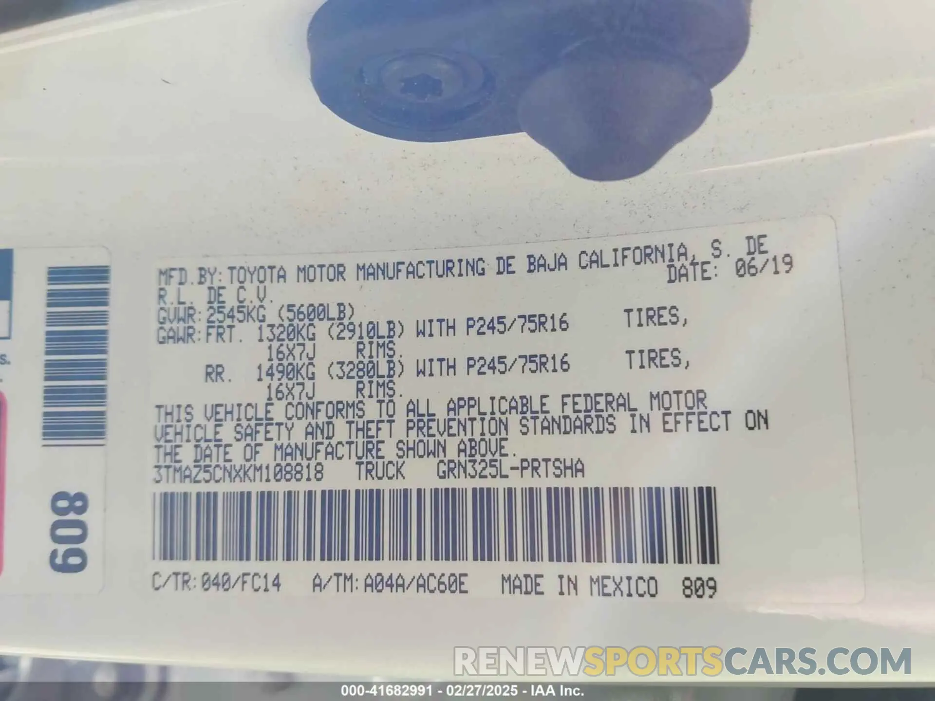 9 Photograph of a damaged car 3TMAZ5CNXKM108818 TOYOTA TACOMA 2019