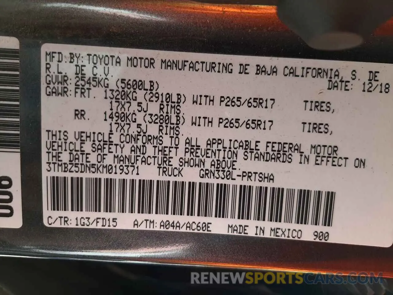 10 Фотография поврежденного автомобиля 3TMBZ5DN5KM019371 TOYOTA TACOMA 2019