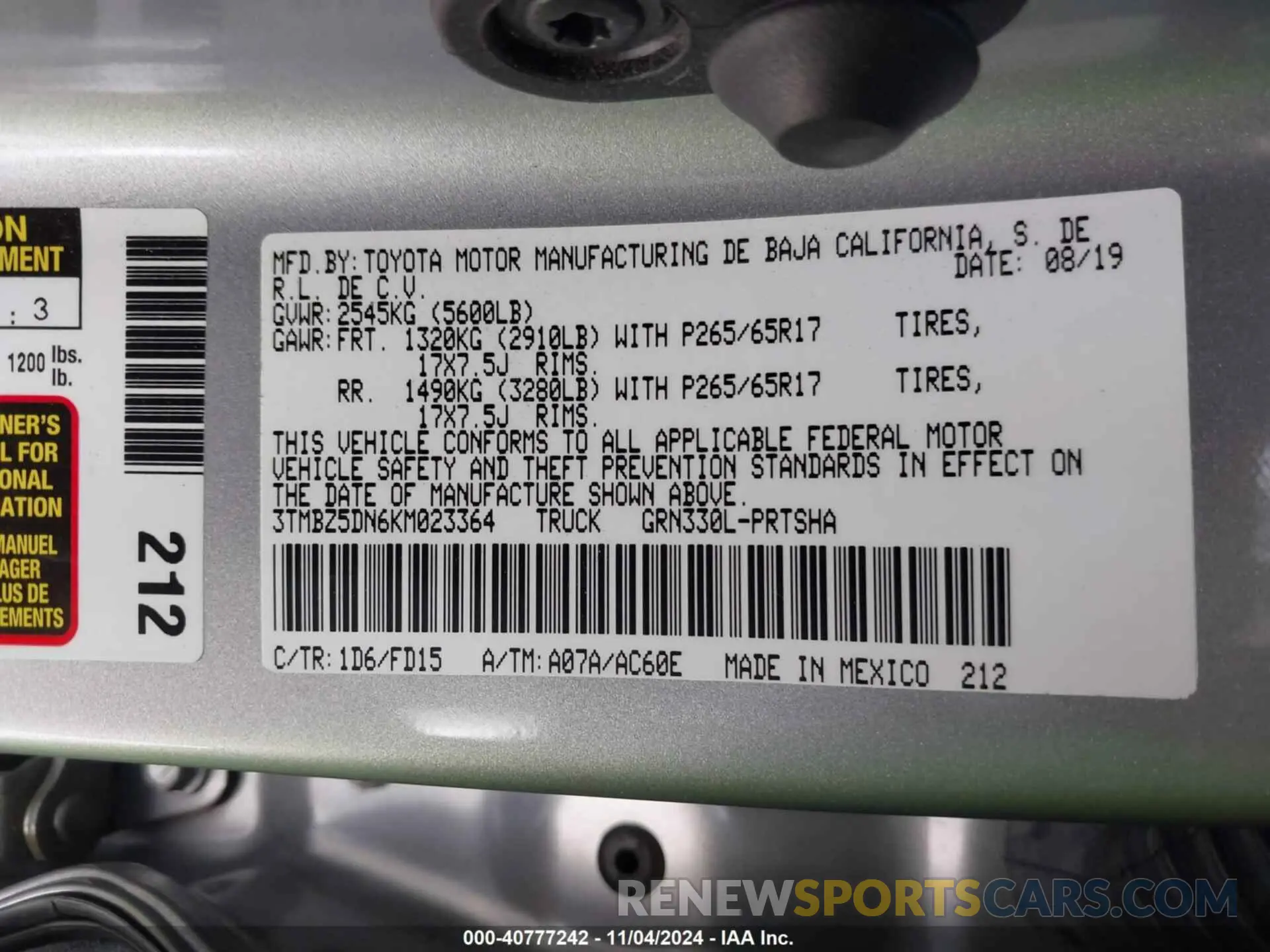 9 Фотография поврежденного автомобиля 3TMBZ5DN6KM023364 TOYOTA TACOMA 2019