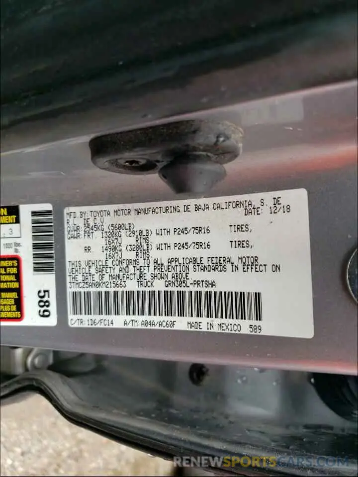 10 Photograph of a damaged car 3TMCZ5AN0KM215663 TOYOTA TACOMA 2019