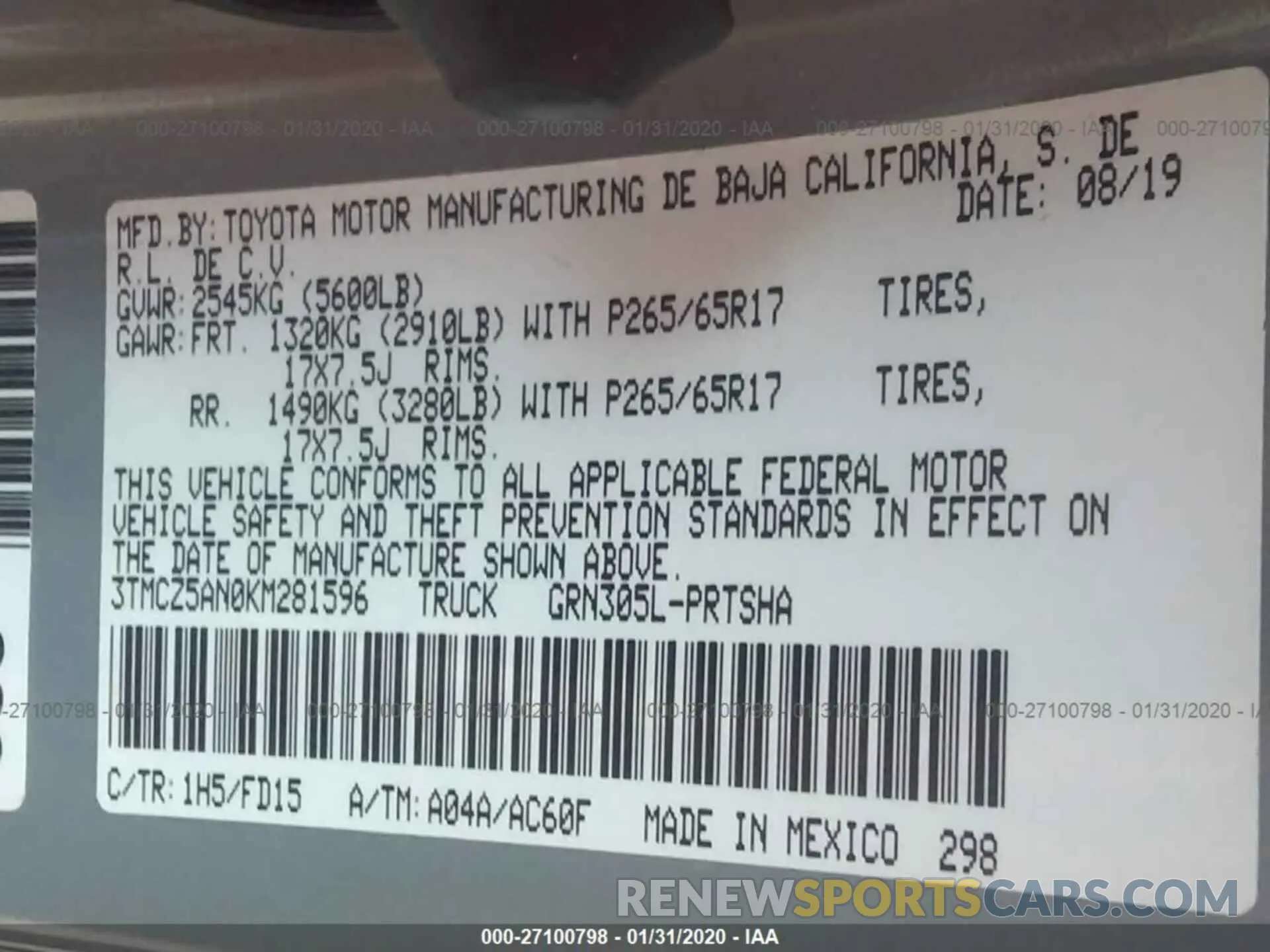 9 Photograph of a damaged car 3TMCZ5AN0KM281596 TOYOTA TACOMA 2019