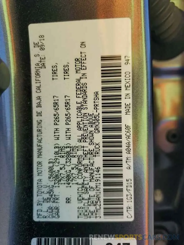 13 Photograph of a damaged car 3TMCZ5AN1KM191146 TOYOTA TACOMA 2019