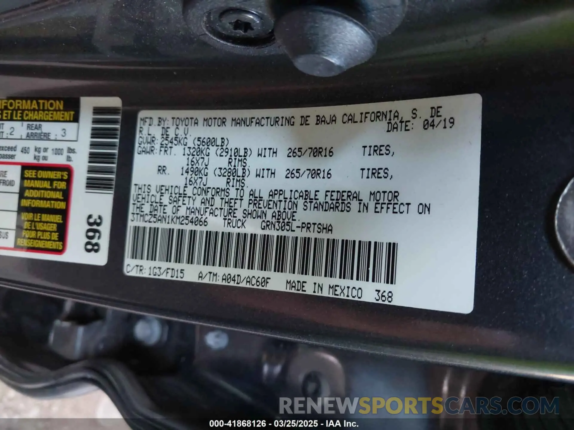 9 Photograph of a damaged car 3TMCZ5AN1KM254066 TOYOTA TACOMA 2019