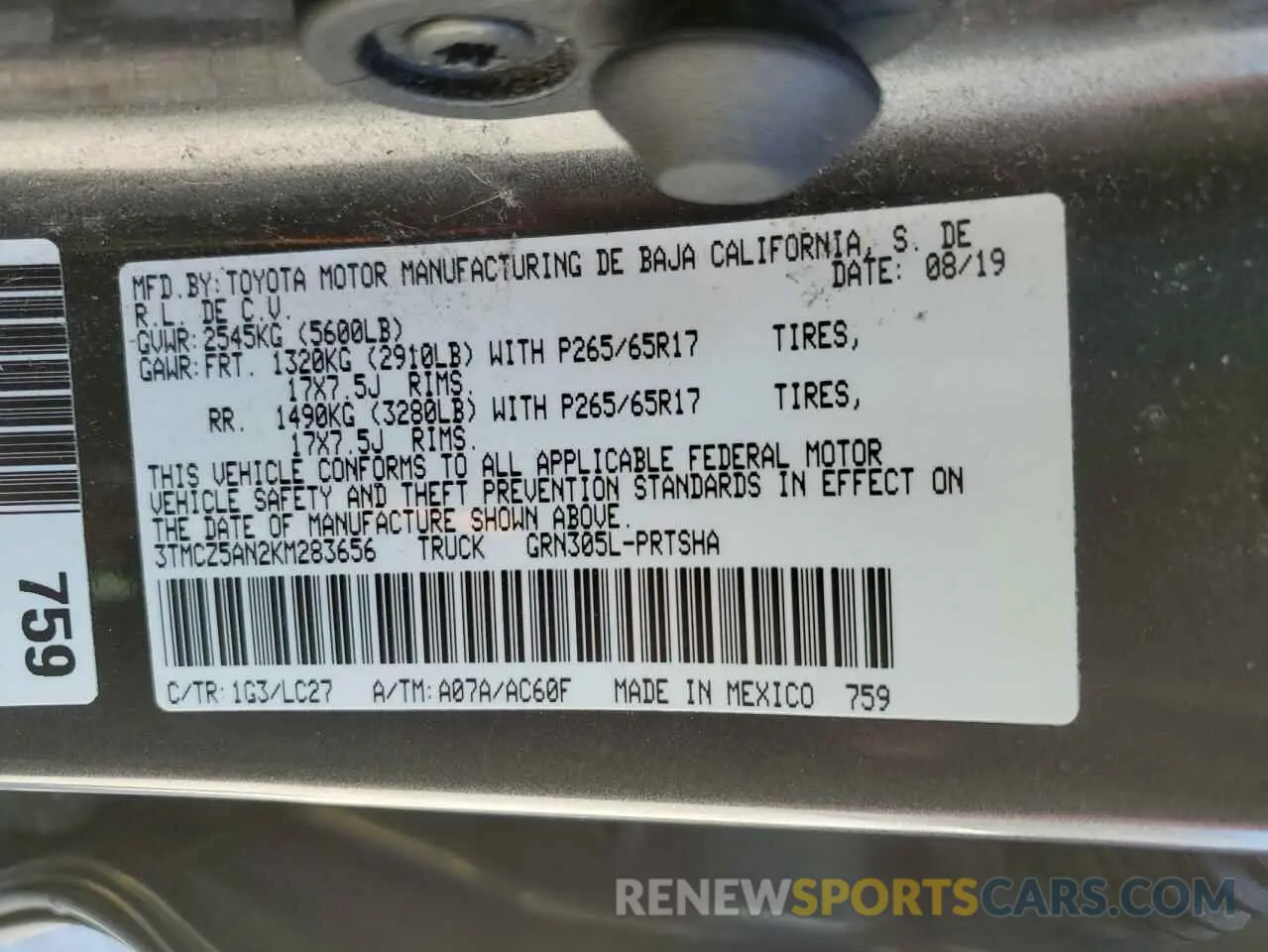 13 Photograph of a damaged car 3TMCZ5AN2KM283656 TOYOTA TACOMA 2019