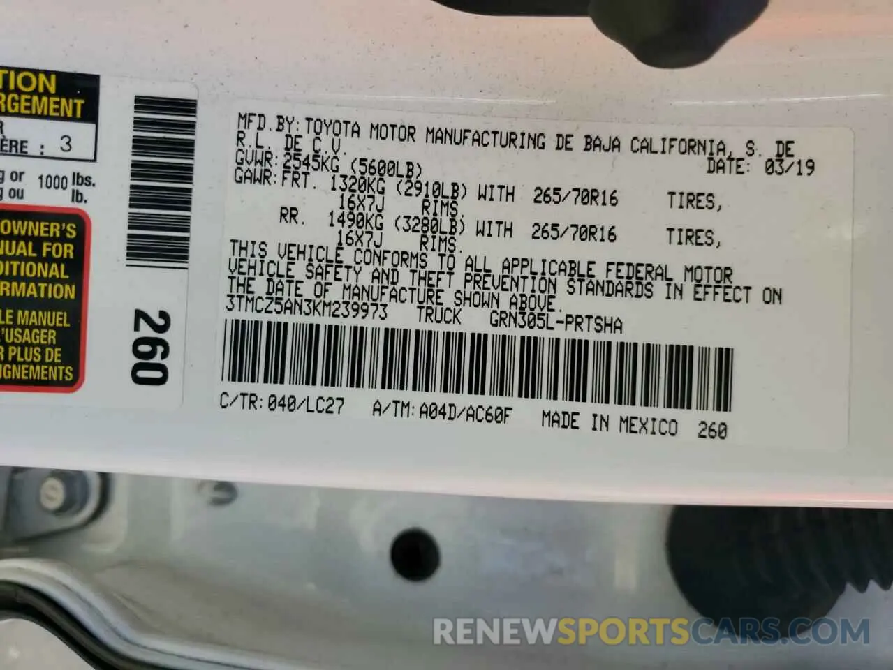 12 Photograph of a damaged car 3TMCZ5AN3KM239973 TOYOTA TACOMA 2019