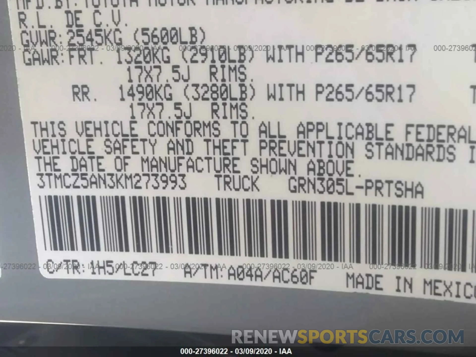 9 Photograph of a damaged car 3TMCZ5AN3KM273993 TOYOTA TACOMA 2019