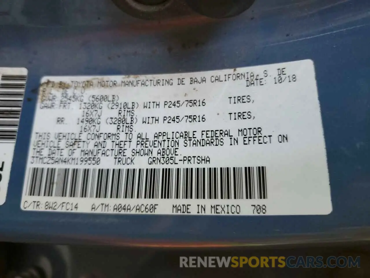10 Photograph of a damaged car 3TMCZ5AN4KM199550 TOYOTA TACOMA 2019