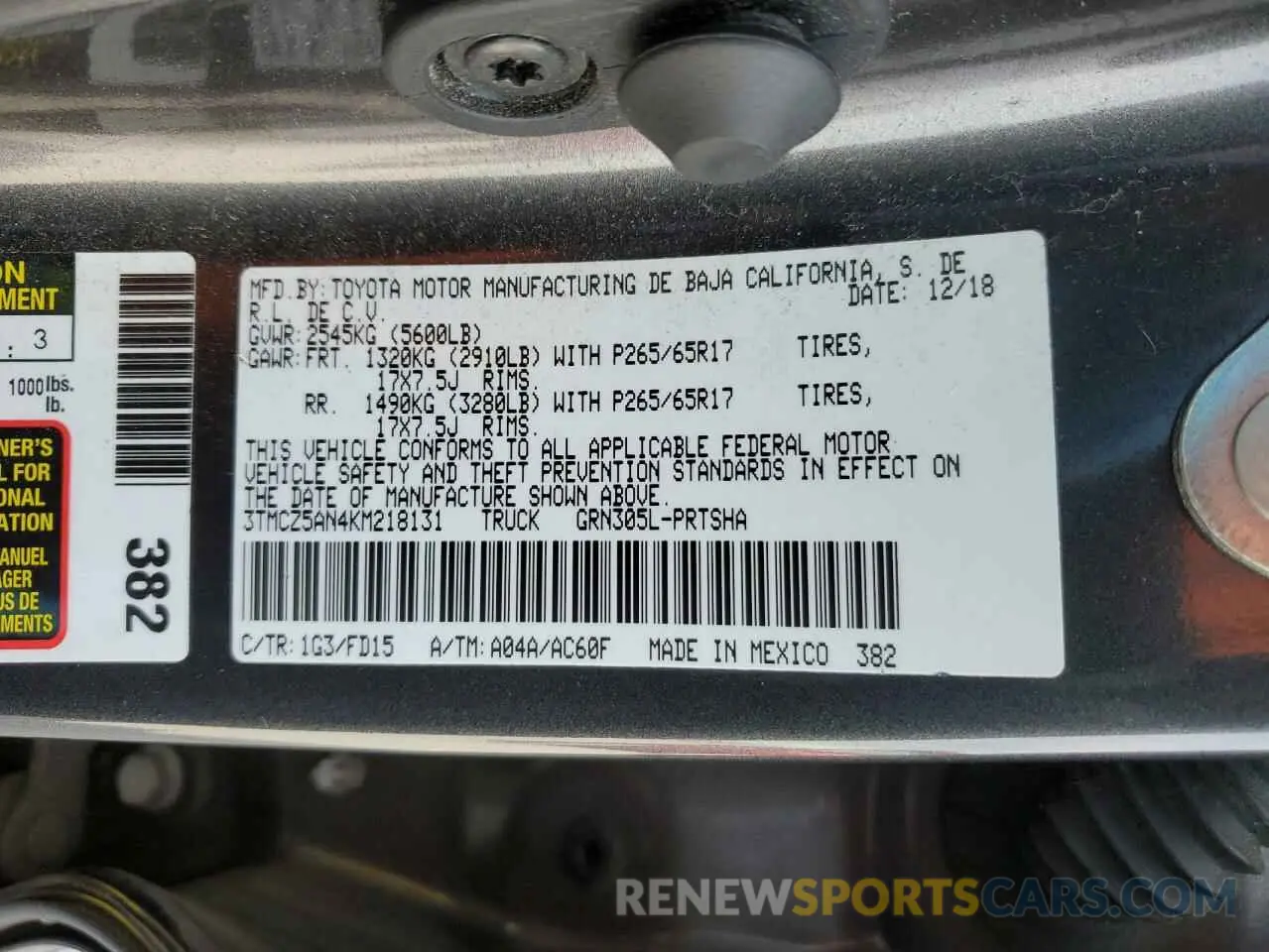 16 Photograph of a damaged car 3TMCZ5AN4KM218131 TOYOTA TACOMA 2019