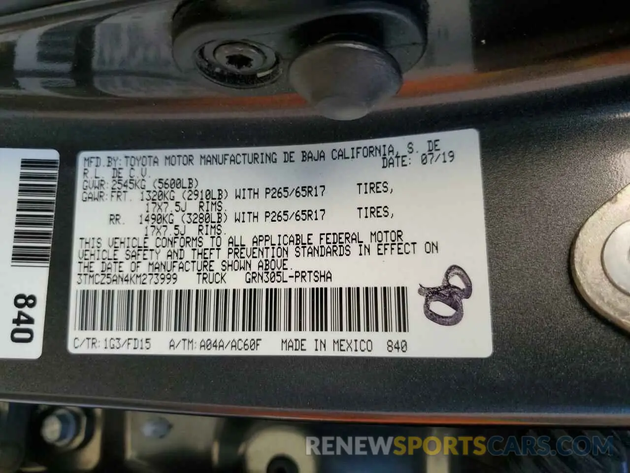 12 Photograph of a damaged car 3TMCZ5AN4KM273999 TOYOTA TACOMA 2019