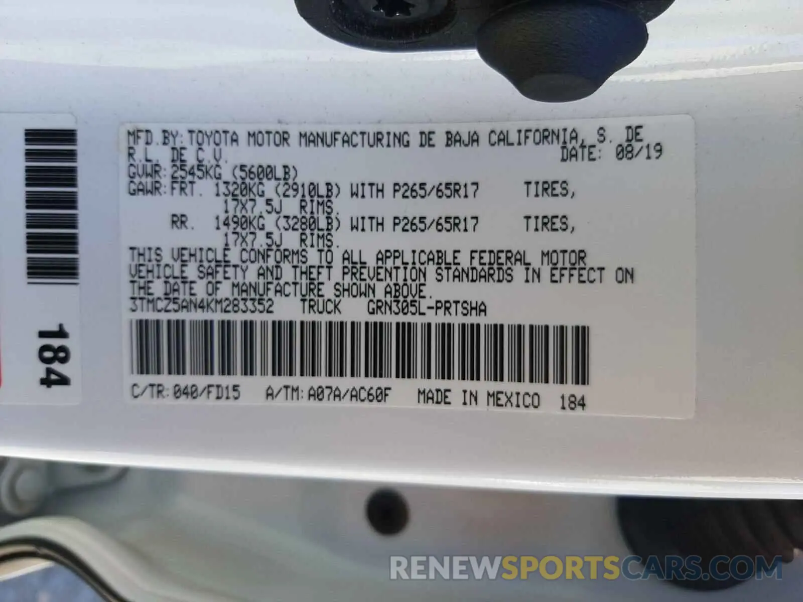 10 Photograph of a damaged car 3TMCZ5AN4KM283352 TOYOTA TACOMA 2019
