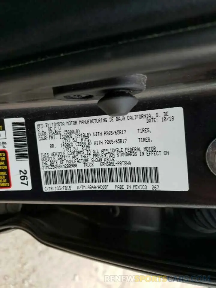 10 Photograph of a damaged car 3TMCZ5AN6KM200908 TOYOTA TACOMA 2019