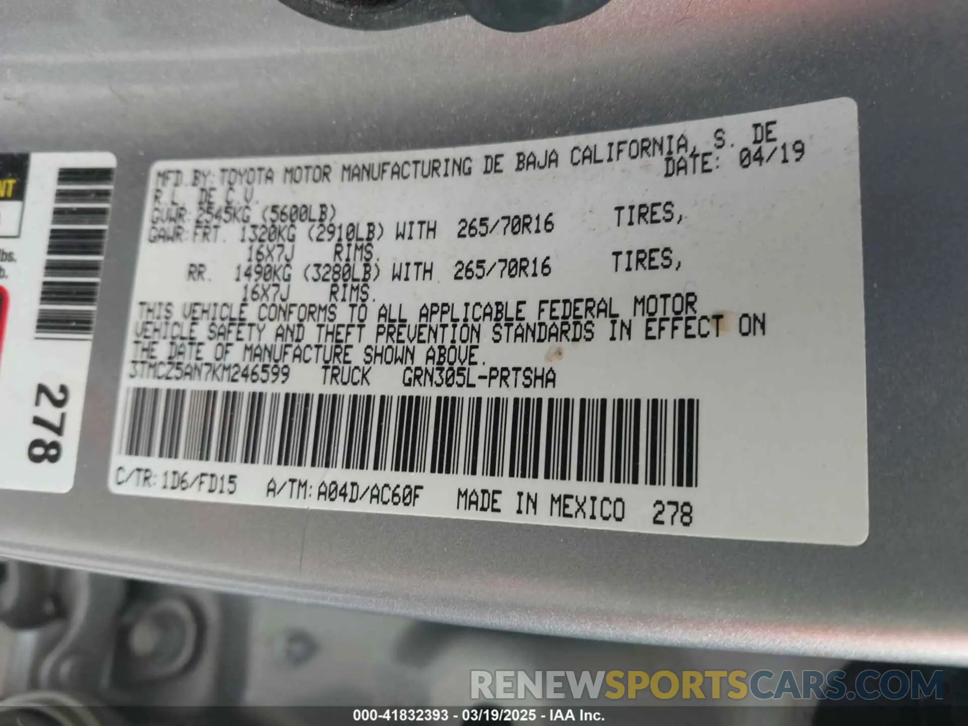 9 Фотография поврежденного автомобиля 3TMCZ5AN7KM246599 TOYOTA TACOMA 2019
