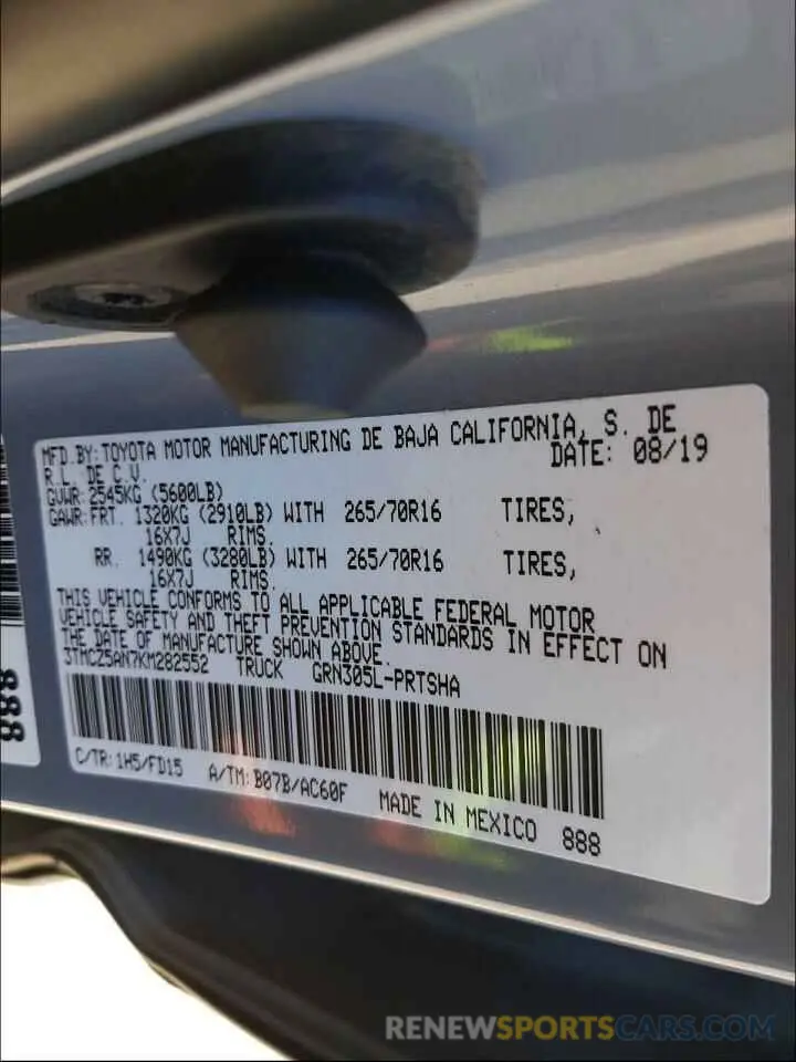 10 Photograph of a damaged car 3TMCZ5AN7KM282552 TOYOTA TACOMA 2019