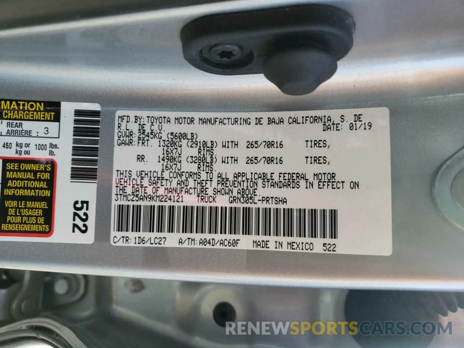 10 Photograph of a damaged car 3TMCZ5AN9KM224121 TOYOTA TACOMA 2019
