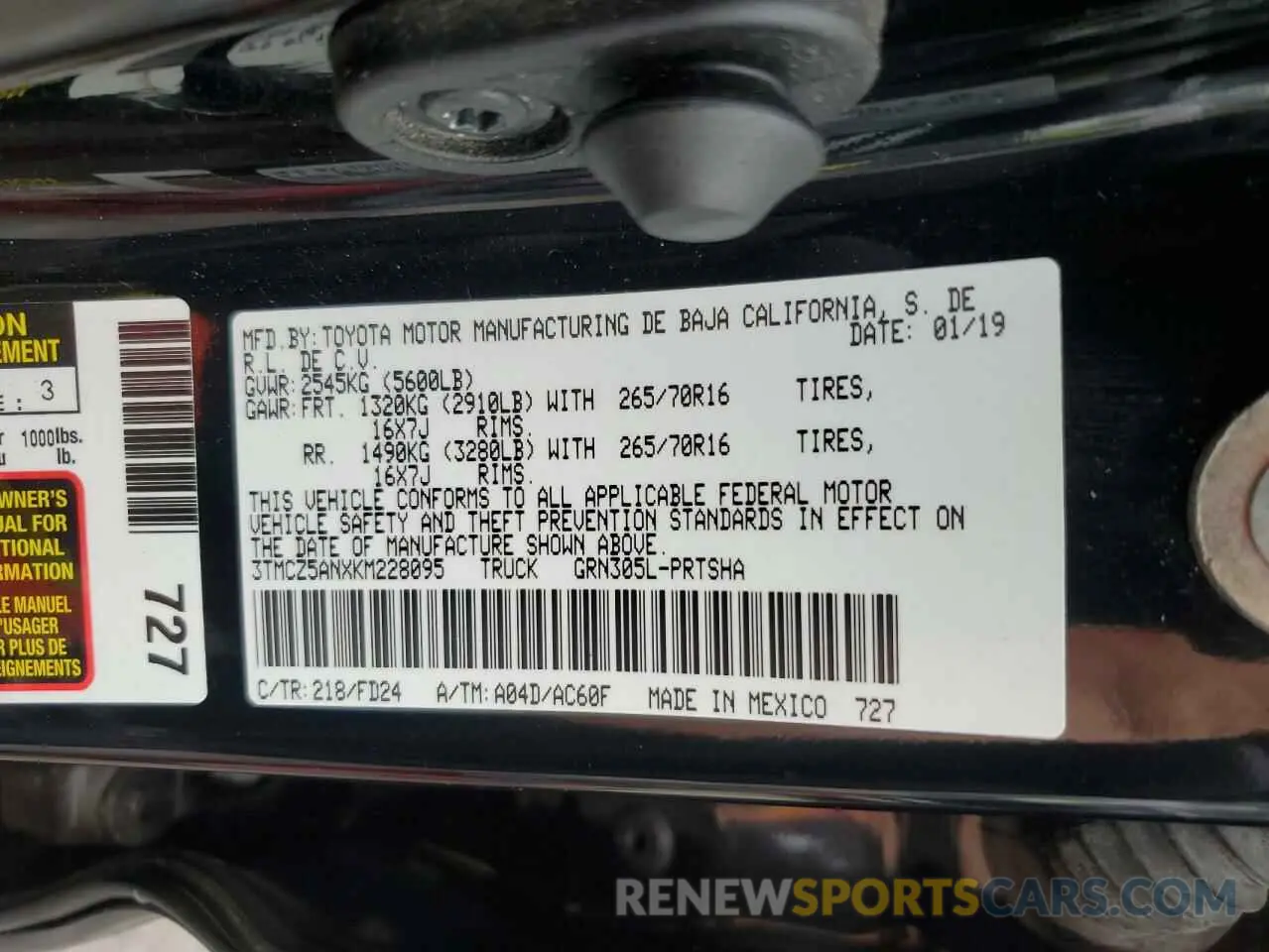 12 Photograph of a damaged car 3TMCZ5ANXKM228095 TOYOTA TACOMA 2019