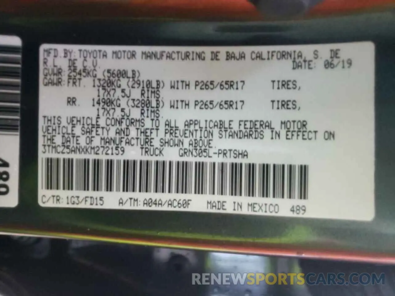 10 Photograph of a damaged car 3TMCZ5ANXKM272159 TOYOTA TACOMA 2019