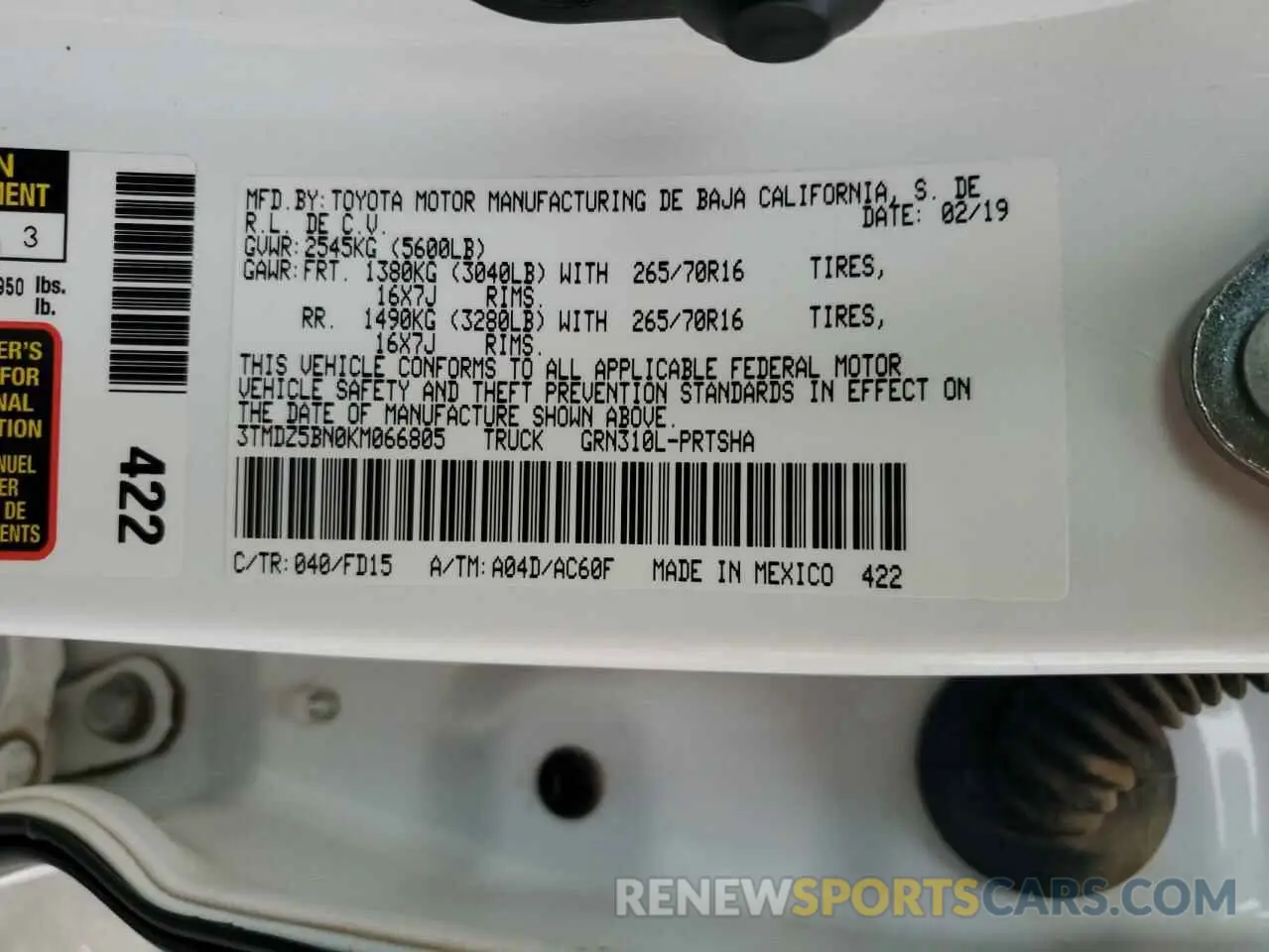 13 Photograph of a damaged car 3TMDZ5BN0KM066805 TOYOTA TACOMA 2019