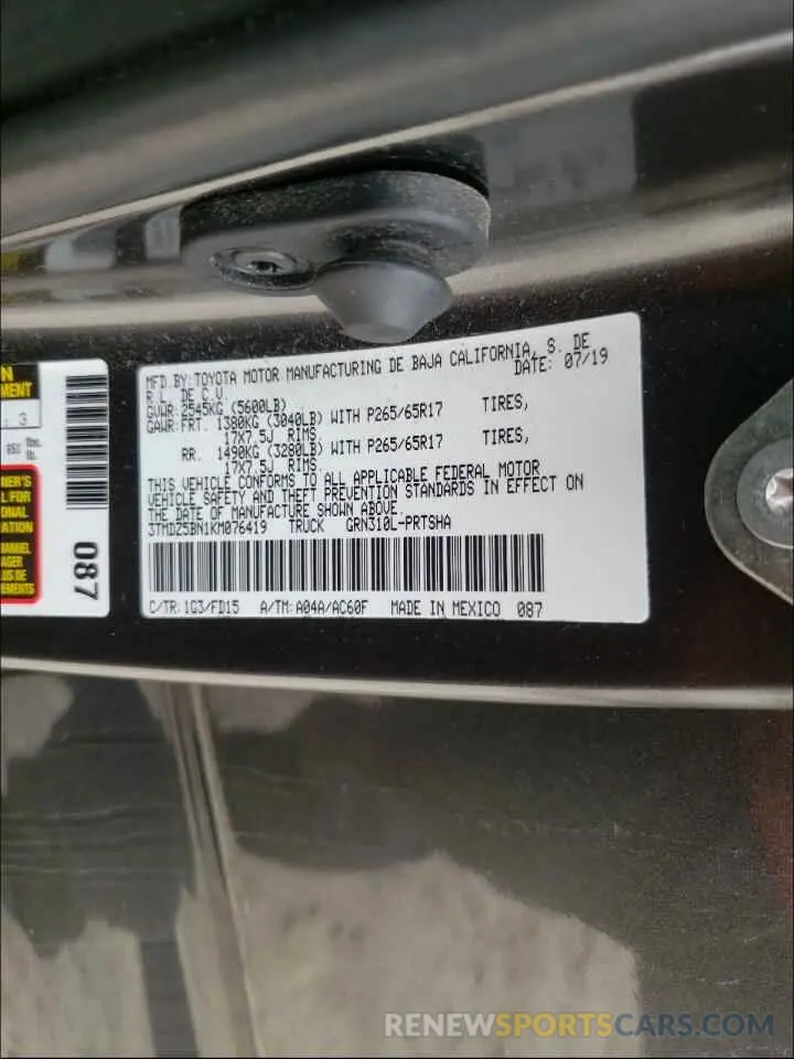 10 Photograph of a damaged car 3TMDZ5BN1KM076419 TOYOTA TACOMA 2019