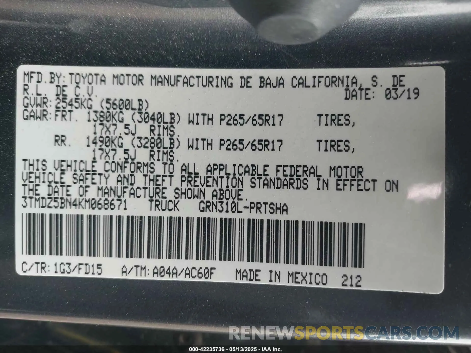9 Фотография поврежденного автомобиля 3TMDZ5BN4KM068671 TOYOTA TACOMA 2019