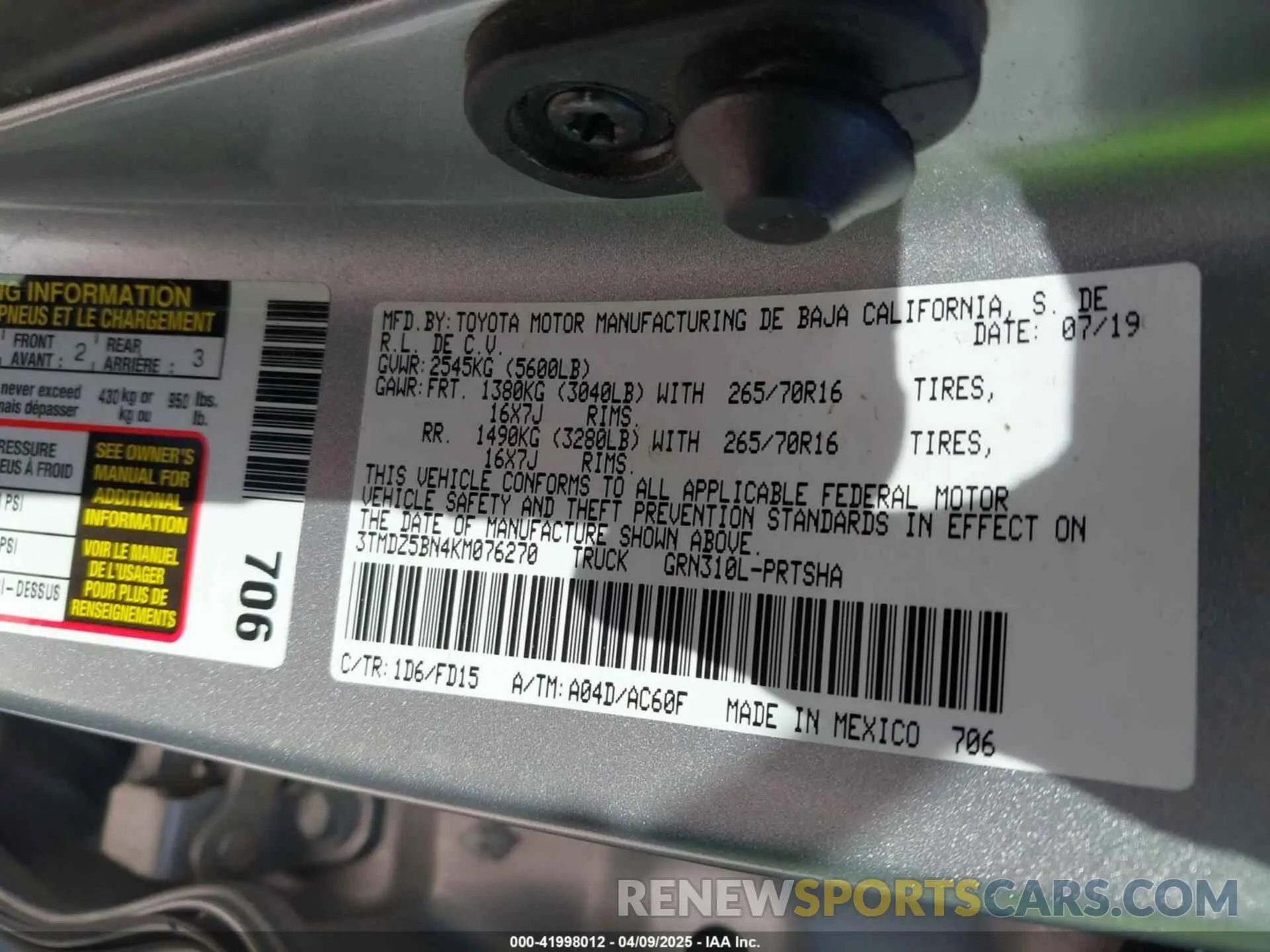 9 Фотография поврежденного автомобиля 3TMDZ5BN4KM076270 TOYOTA TACOMA 2019