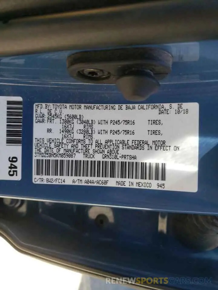 10 Photograph of a damaged car 3TMDZ5BN5KM059087 TOYOTA TACOMA 2019
