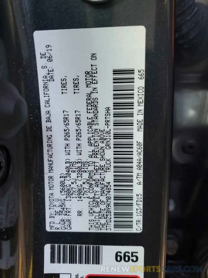 13 Photograph of a damaged car 3TMDZ5BN9KM074854 TOYOTA TACOMA 2019