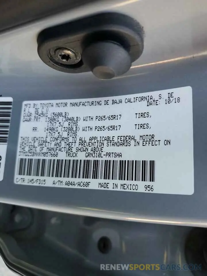 10 Photograph of a damaged car 3TMDZ5BNXKM057660 TOYOTA TACOMA 2019