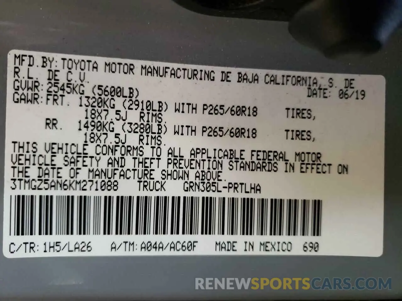 13 Photograph of a damaged car 3TMGZ5AN6KM271088 TOYOTA TACOMA 2019
