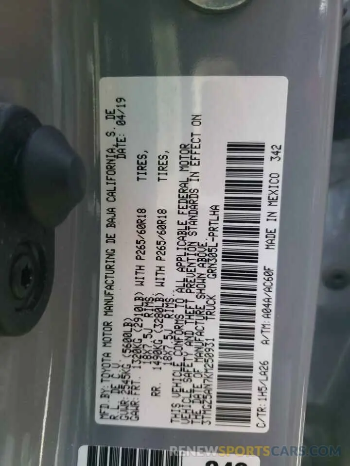 12 Фотография поврежденного автомобиля 3TMGZ5AN7KM250931 TOYOTA TACOMA 2019