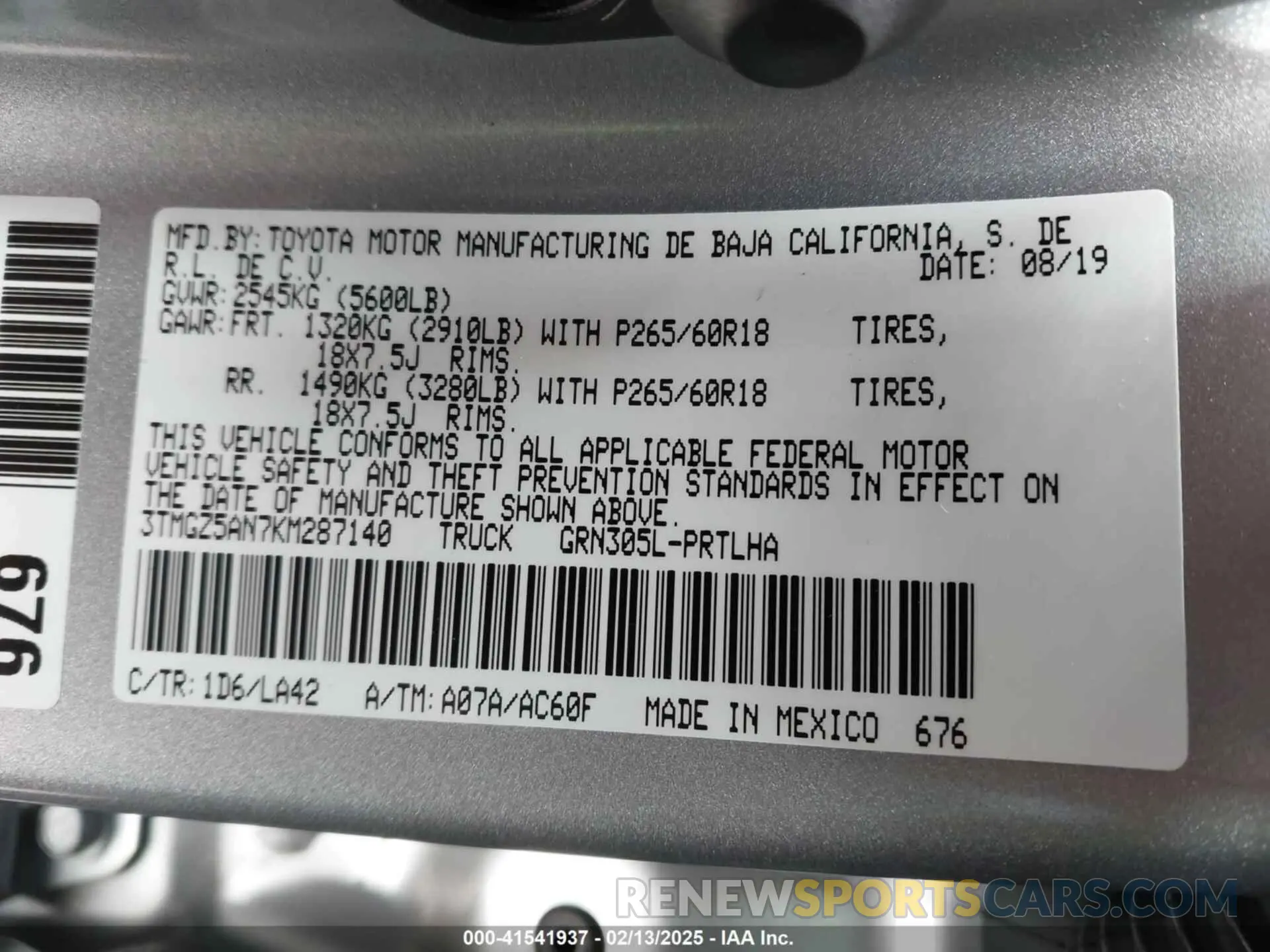 9 Фотография поврежденного автомобиля 3TMGZ5AN7KM287140 TOYOTA TACOMA 2019