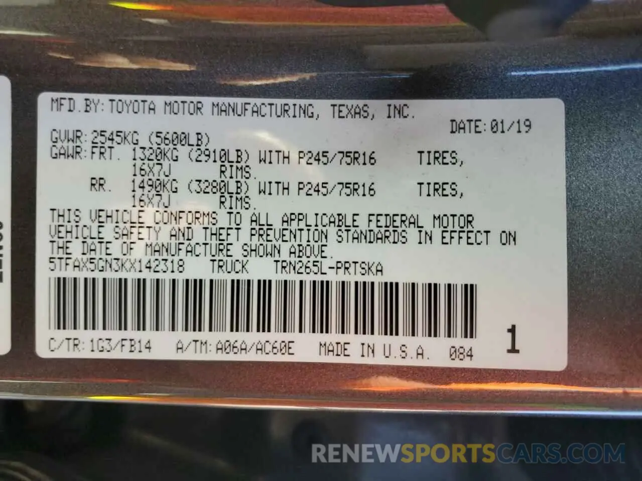 13 Фотография поврежденного автомобиля 5TFAX5GN3KX142318 TOYOTA TACOMA 2019