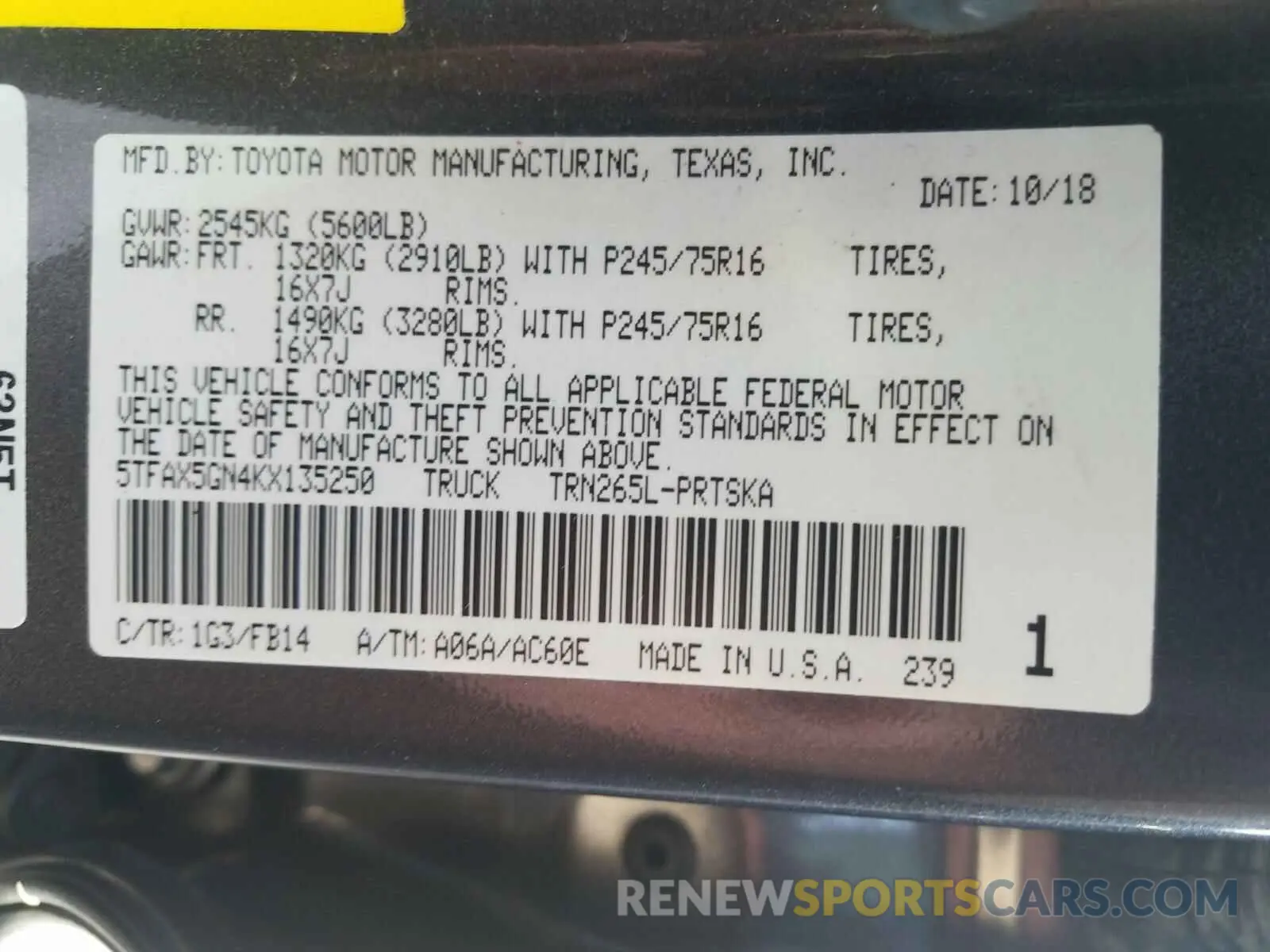 10 Photograph of a damaged car 5TFAX5GN4KX135250 TOYOTA TACOMA 2019