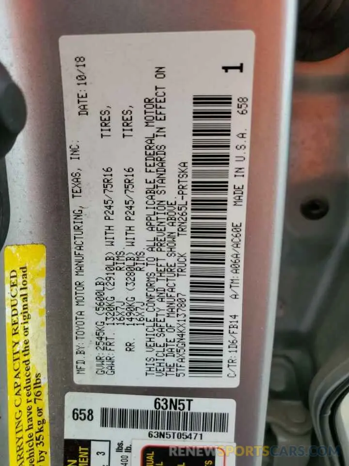 13 Фотография поврежденного автомобиля 5TFAX5GN4KX137807 TOYOTA TACOMA 2019