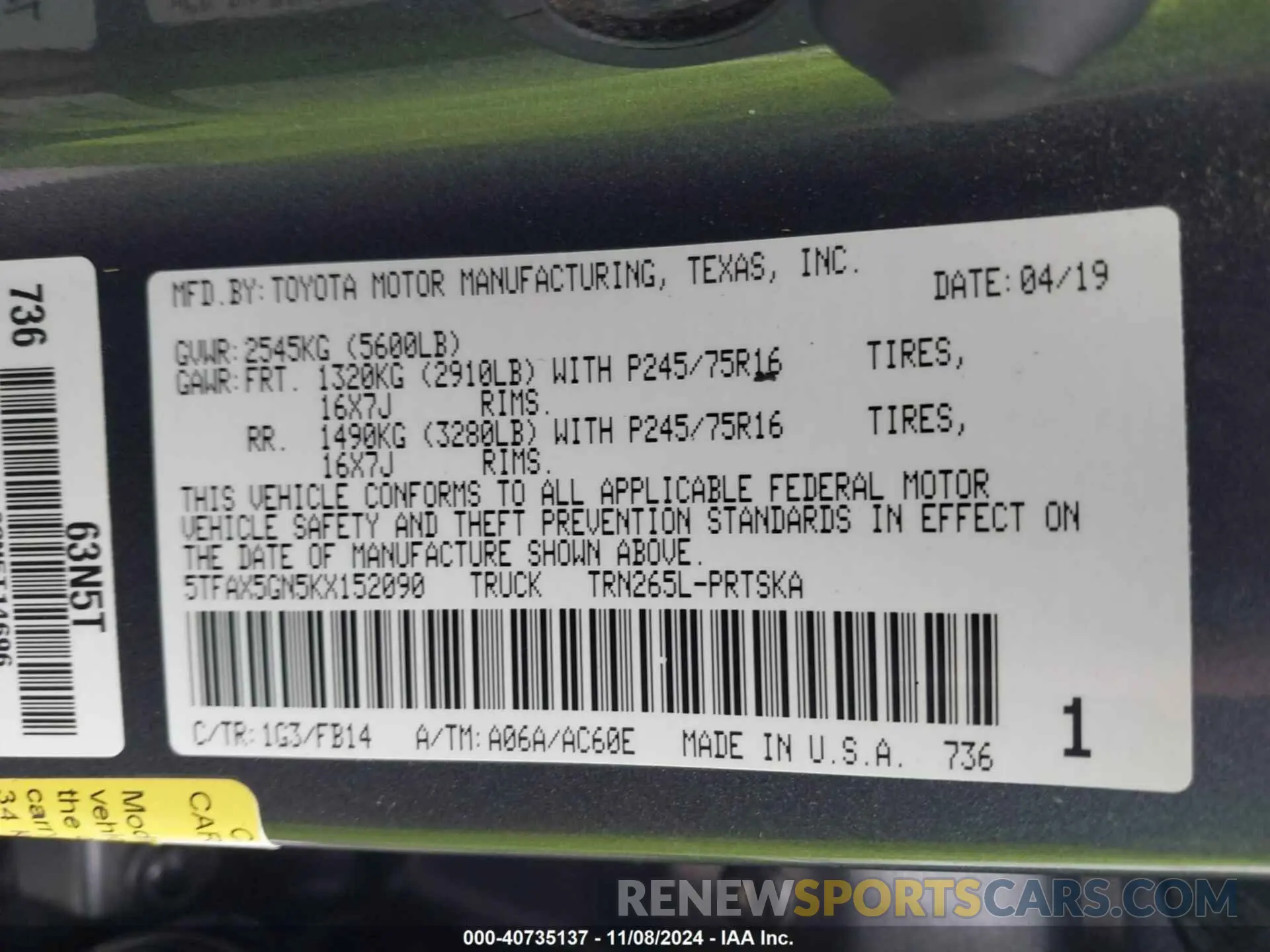 9 Photograph of a damaged car 5TFAX5GN5KX152090 TOYOTA TACOMA 2019
