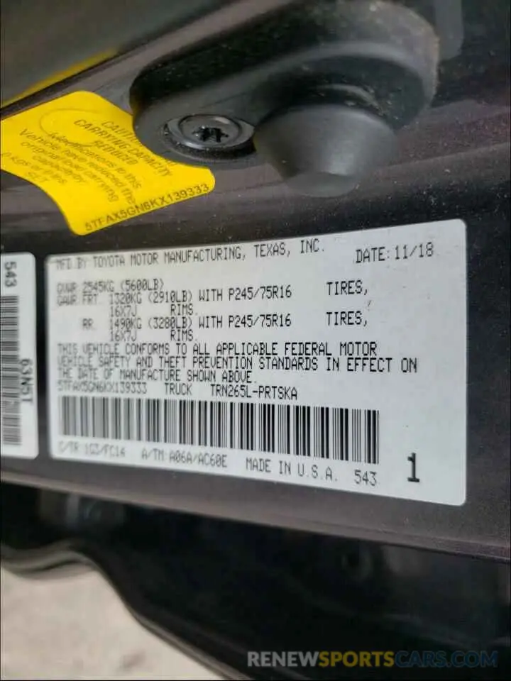 10 Photograph of a damaged car 5TFAX5GN6KX139333 TOYOTA TACOMA 2019