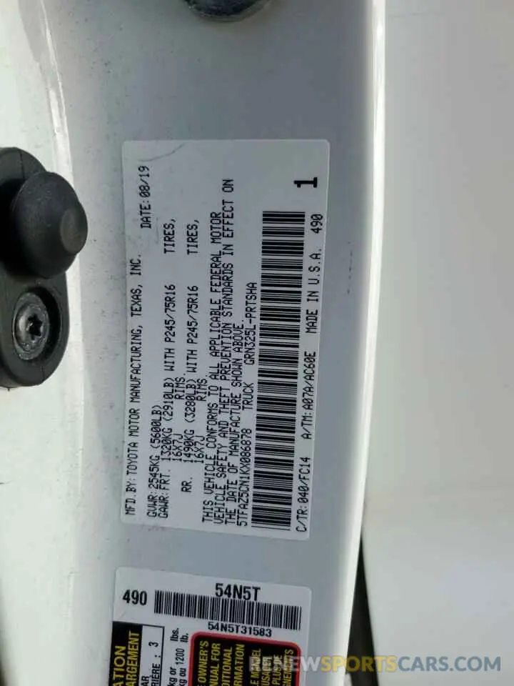 14 Photograph of a damaged car 5TFAZ5CN1KX086878 TOYOTA TACOMA 2019