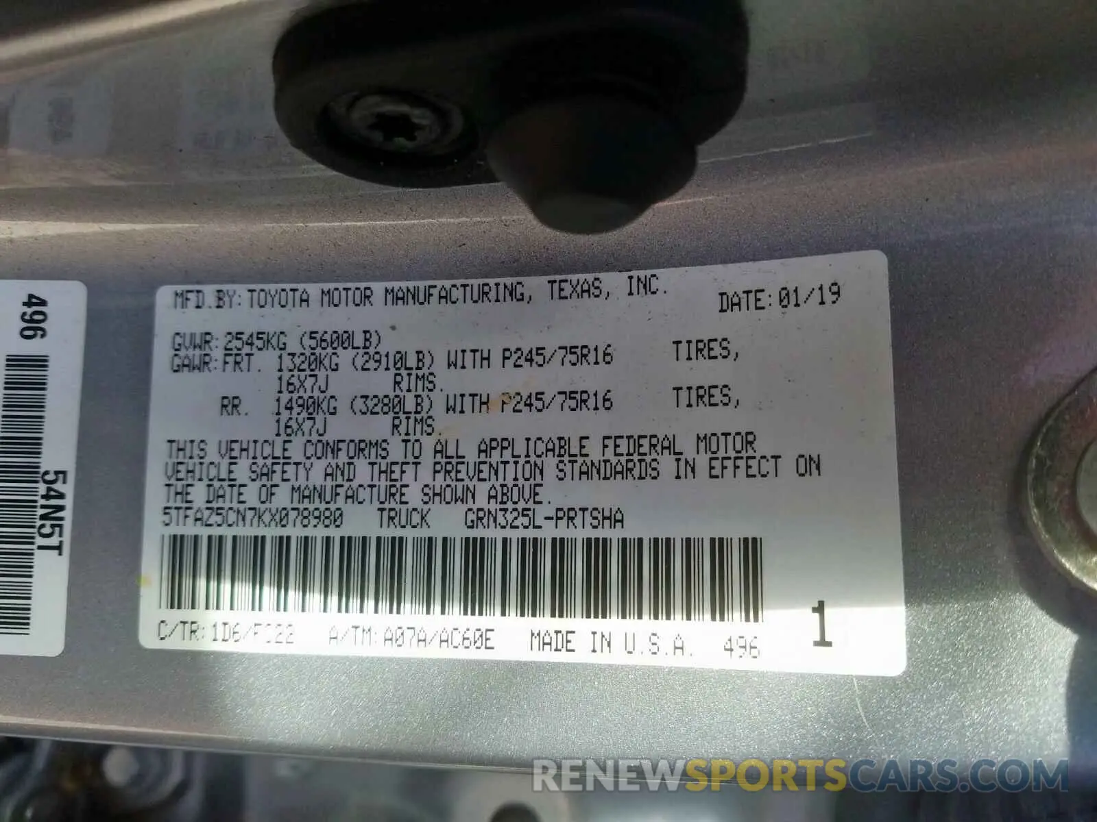 10 Photograph of a damaged car 5TFAZ5CN7KX078980 TOYOTA TACOMA 2019