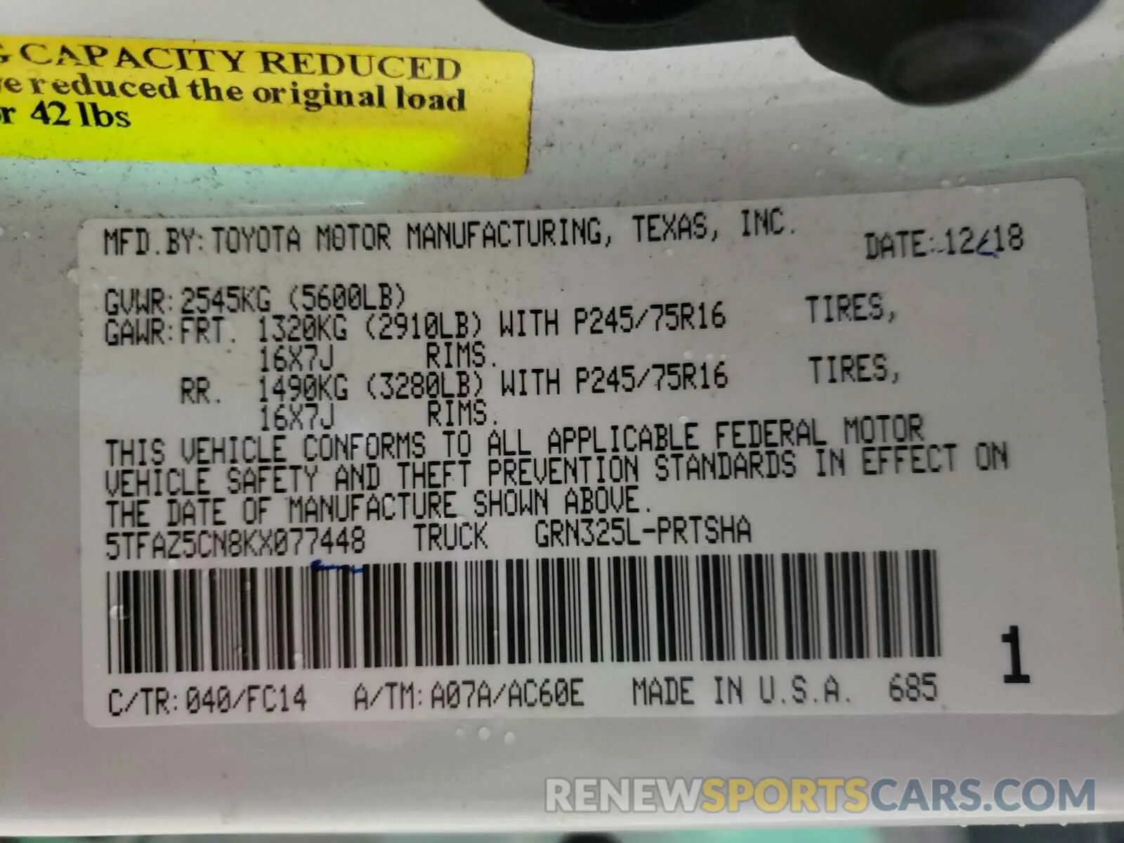 10 Photograph of a damaged car 5TFAZ5CN8KX077448 TOYOTA TACOMA 2019