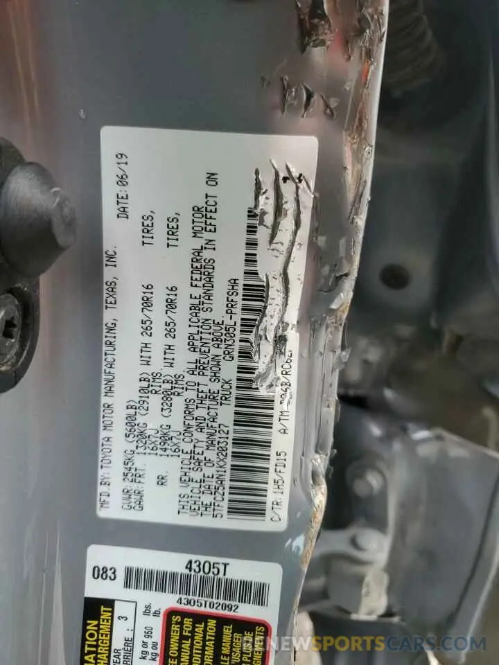 12 Фотография поврежденного автомобиля 5TFCZ5AN1KX203127 TOYOTA TACOMA 2019