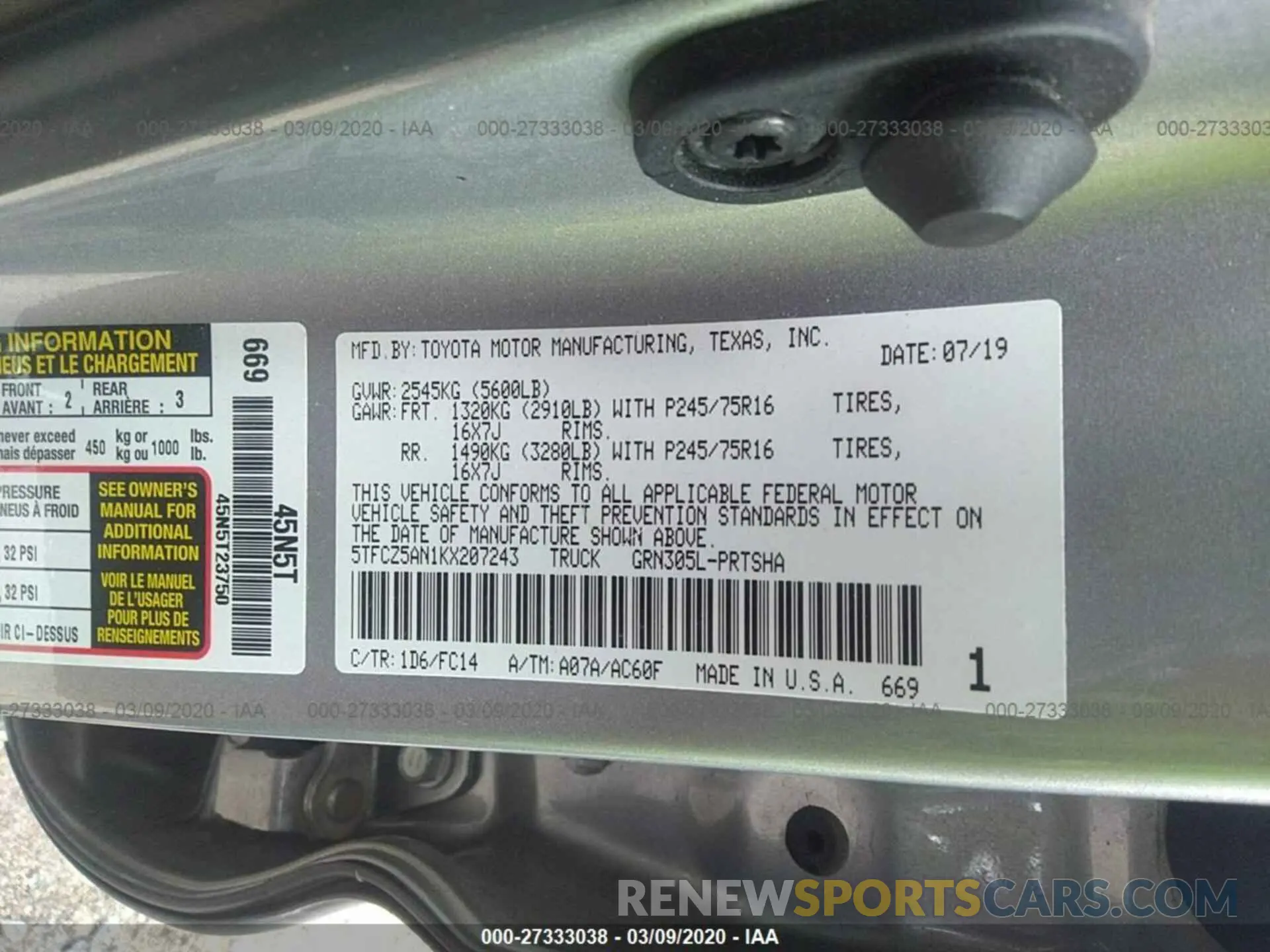 9 Фотография поврежденного автомобиля 5TFCZ5AN1KX207243 TOYOTA TACOMA 2019
