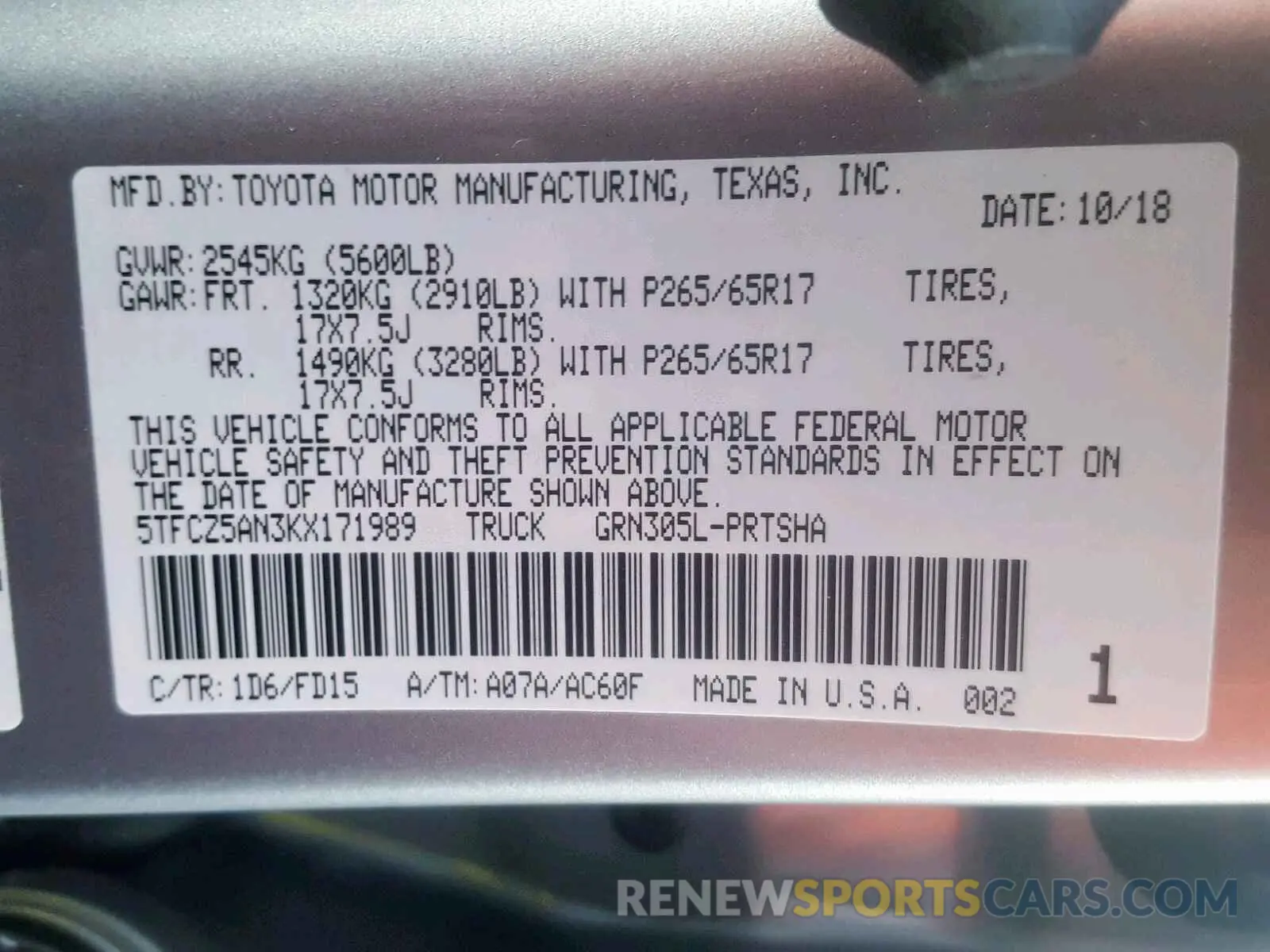 10 Photograph of a damaged car 5TFCZ5AN3KX171989 TOYOTA TACOMA 2019