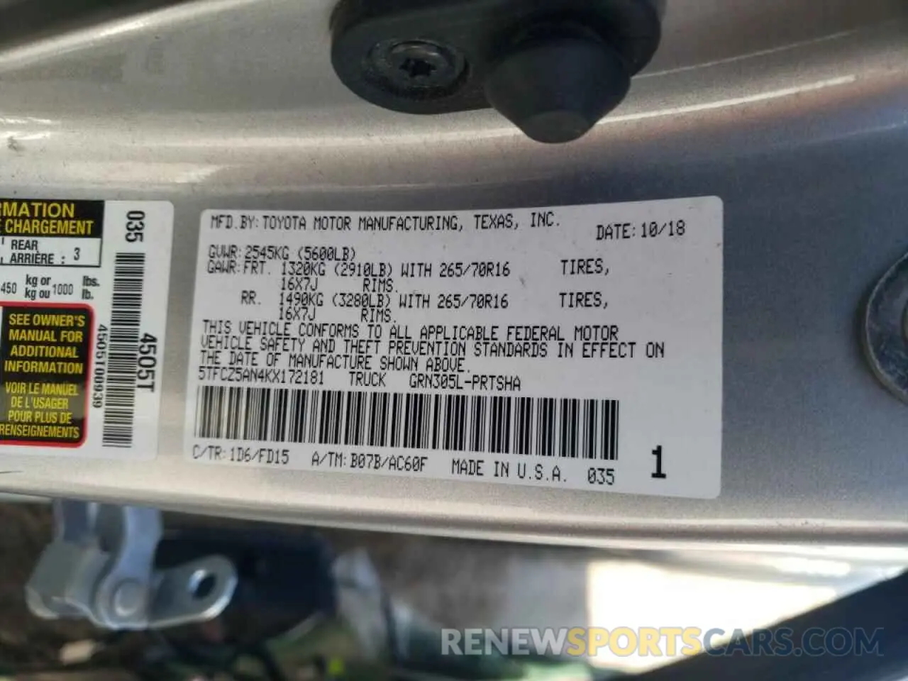 10 Photograph of a damaged car 5TFCZ5AN4KX172181 TOYOTA TACOMA 2019