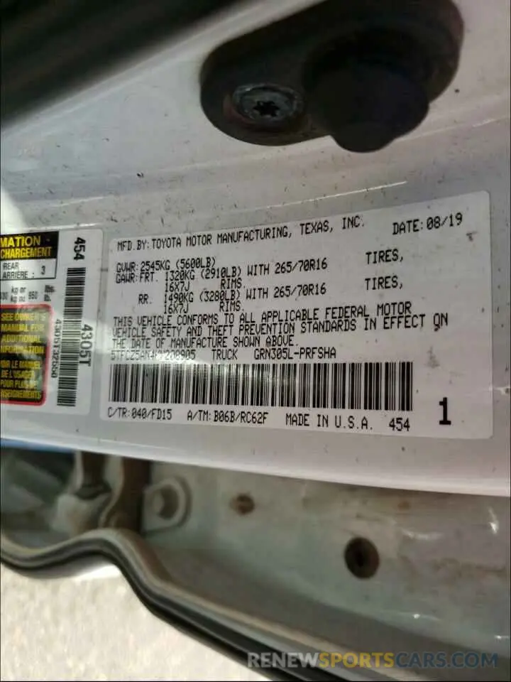 10 Photograph of a damaged car 5TFCZ5AN4KX208905 TOYOTA TACOMA 2019